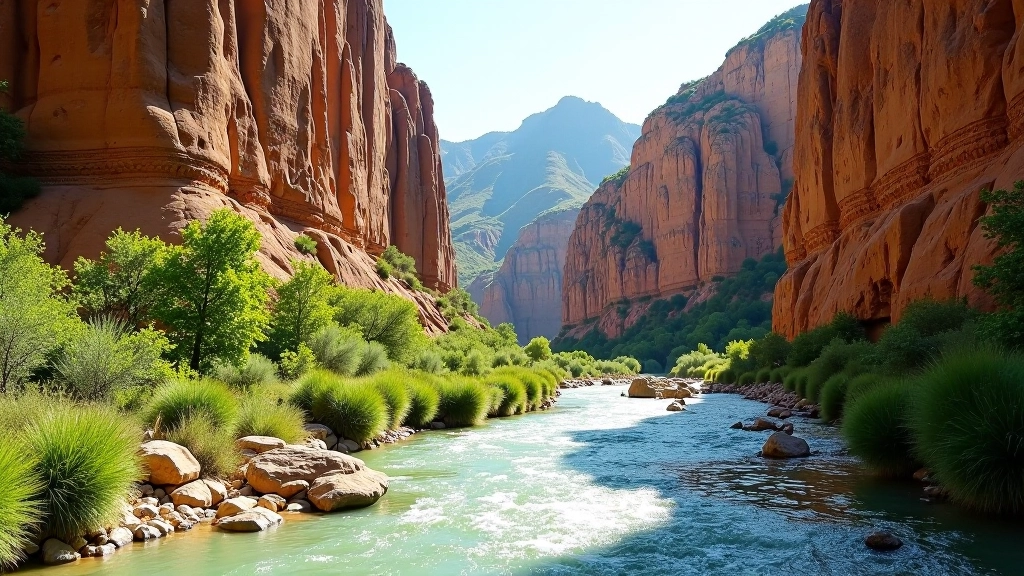 Amata River flowing through a rocky canyon with tall sandstone cliffs on both sides