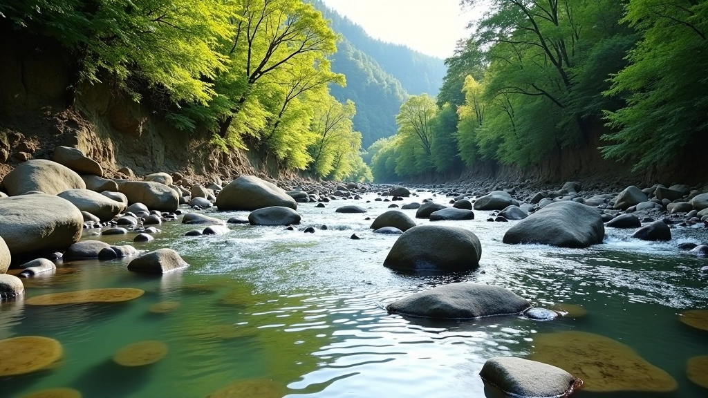Clear river water in Amata Canyon with rocks and forest surrounding the banks