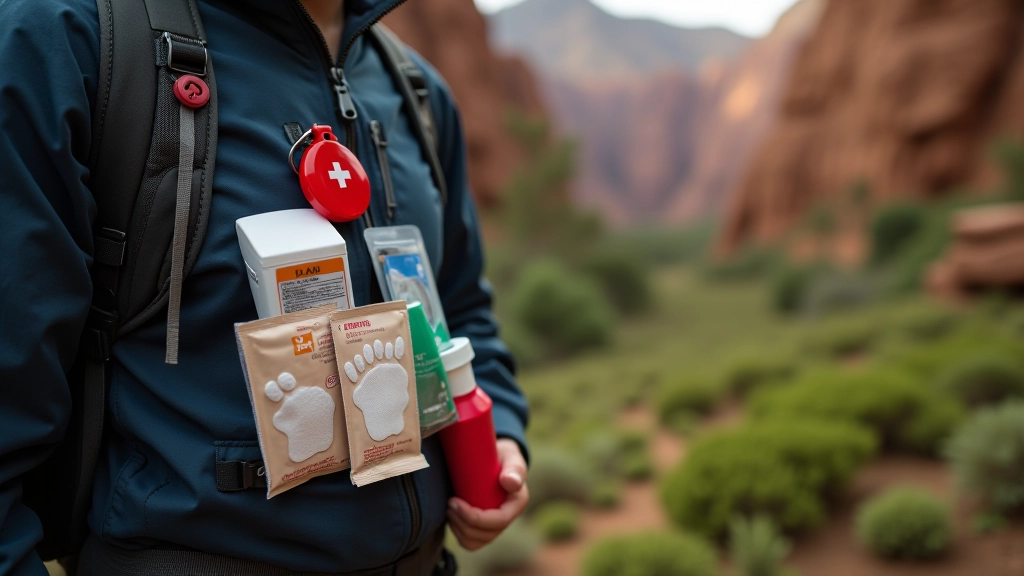 First aid kit with bandages, pain relief tablets, blister treatment, and emergency whistle on a hiking backpack