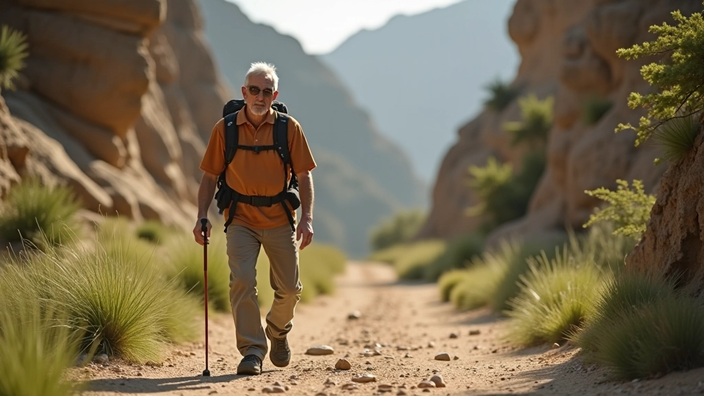 Hiker demonstrating proper walking posture on a rocky trail with trekking poles