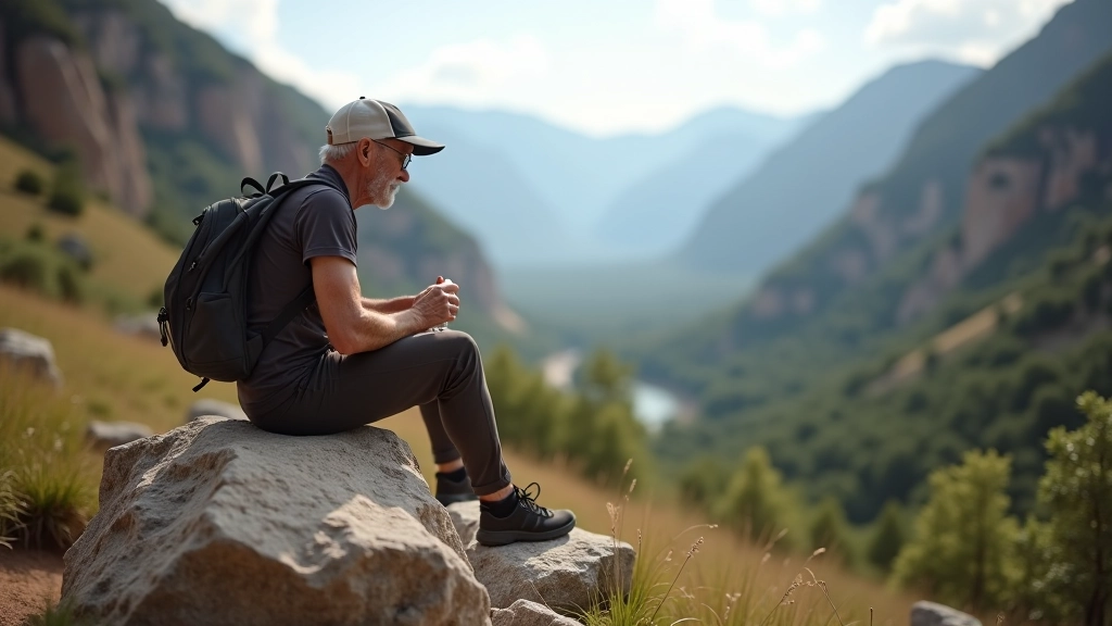 Hiker taking a rest break on rocky trail with water bottle and scenic valley view