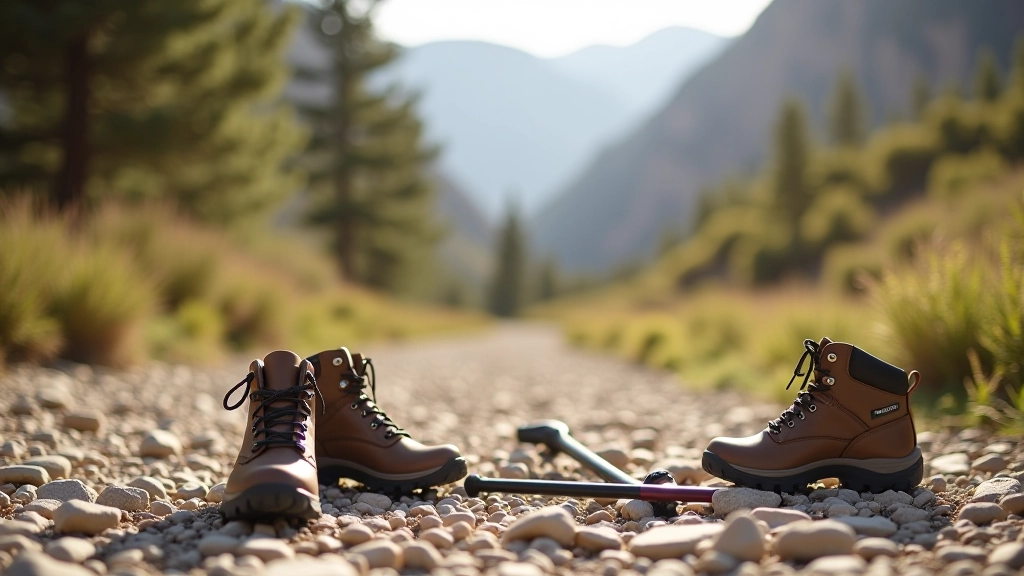 Pair of hiking boots next to trekking poles on a rocky mountain trail with forest scenery