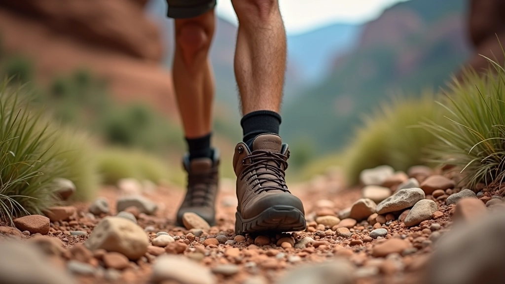 Detailed view of hiking boot placement on rocky trail showing proper heel-first stepping technique