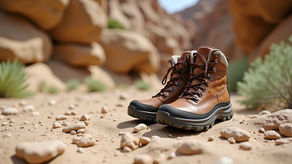 Close-up of hiking boots on rocky sandstone surface with natural cliff edge visible