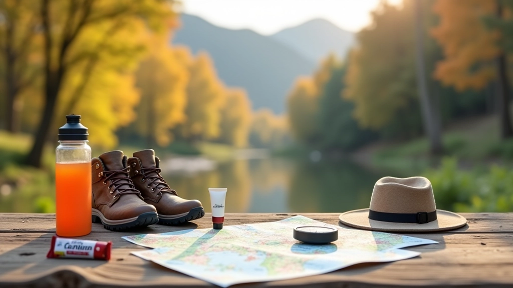 Essential hiking gear laid out on wooden table including water bottle, snacks, boots, sunscreen, and map