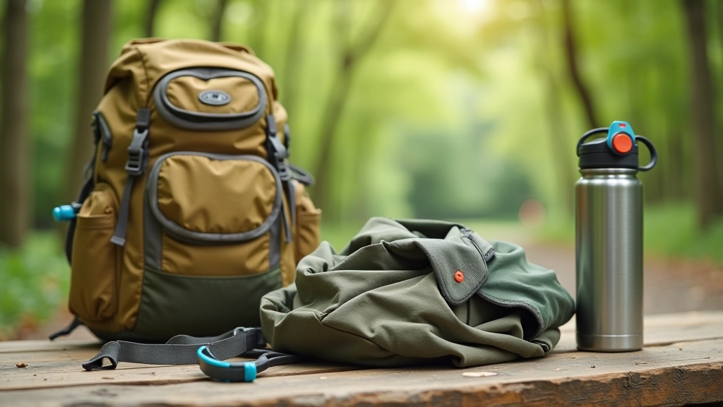 Hiking backpack and water bottle on a wooden bench in a forest clearing with trees in background