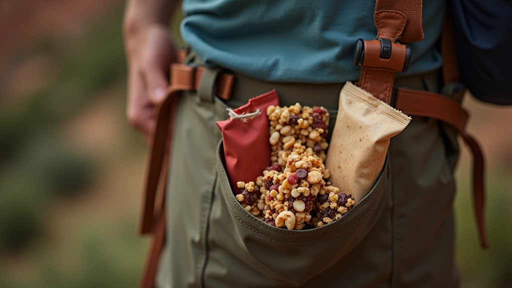 Trail mix, energy bars, and dried fruit arranged in a hiking backpack pocket with water bottle nearby