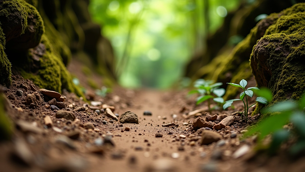 Close-up of hiking trail terrain showing packed earth, tree roots, and natural rocky ground