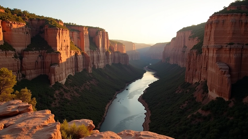 Stunning viewpoint overlooking Amata Canyon with towering sandstone cliffs and river far below
