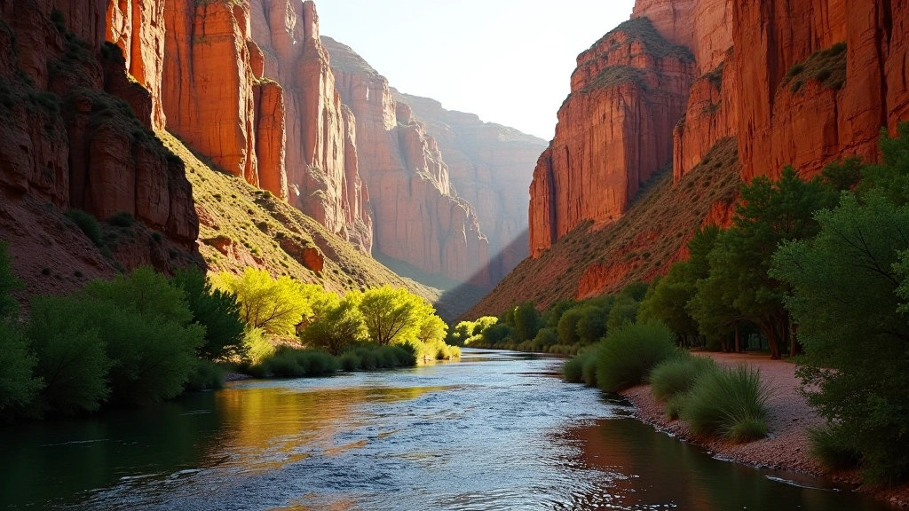 Scenic view of Amata River canyon with red sandstone cliffs and winding hiking path along the water's edge
