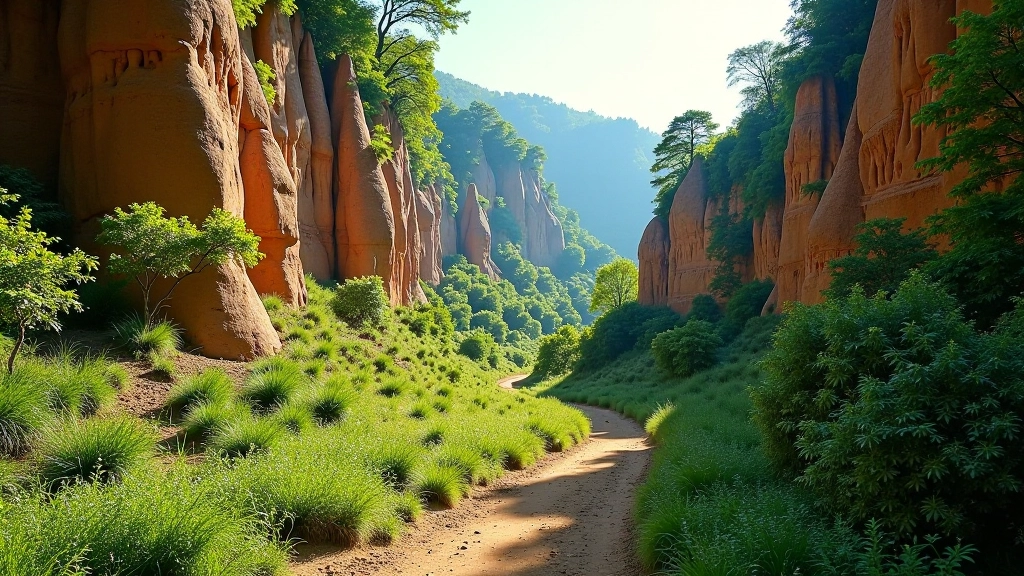 Scenic valley trail with sandstone cliffs and lush green vegetation along the path