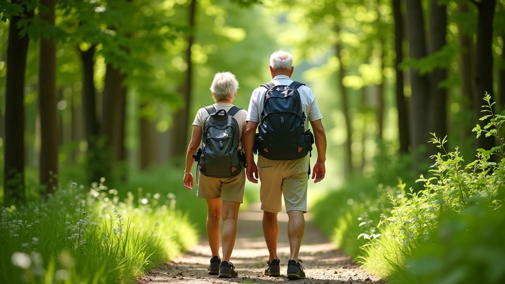 Senior couple walking on a well-maintained forest trail with green trees and natural daylight