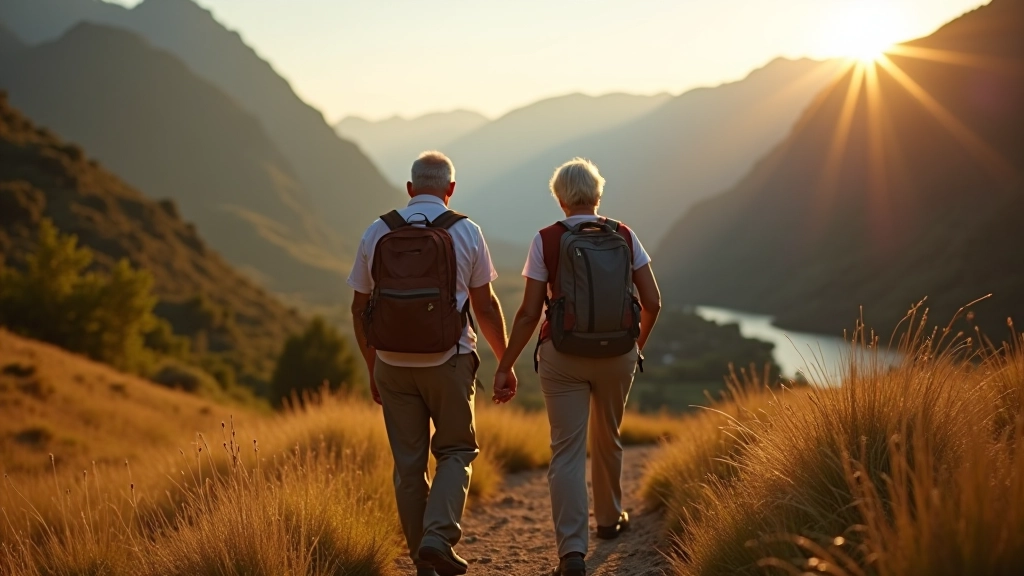 Senior couple enjoying a scenic valley hiking trail with canyon views and natural landscape