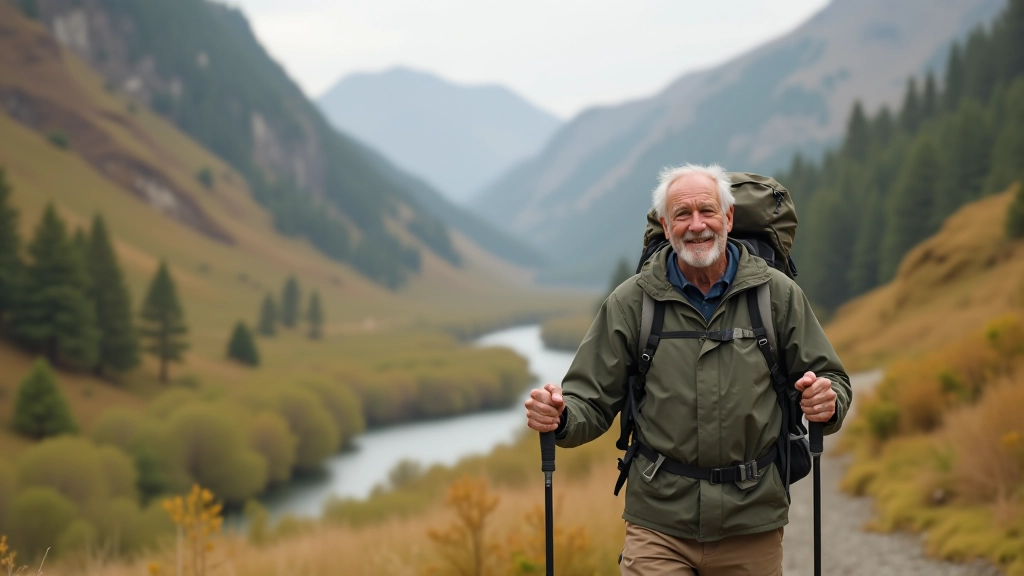 Senior hiker demonstrating proper trekking pole technique on steep mountain trail section