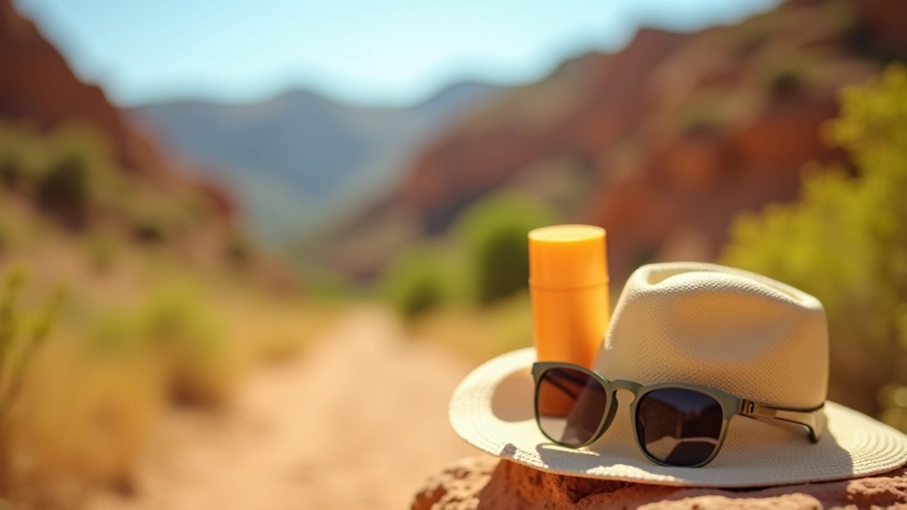 Sunscreen bottle, hat with wide brim, and sunglasses displayed on a sunny hiking trail with clear blue sky