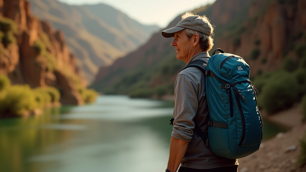 Close-up of a refillable water bottle and hydration pack bladder system on a hiking trail with forest background
